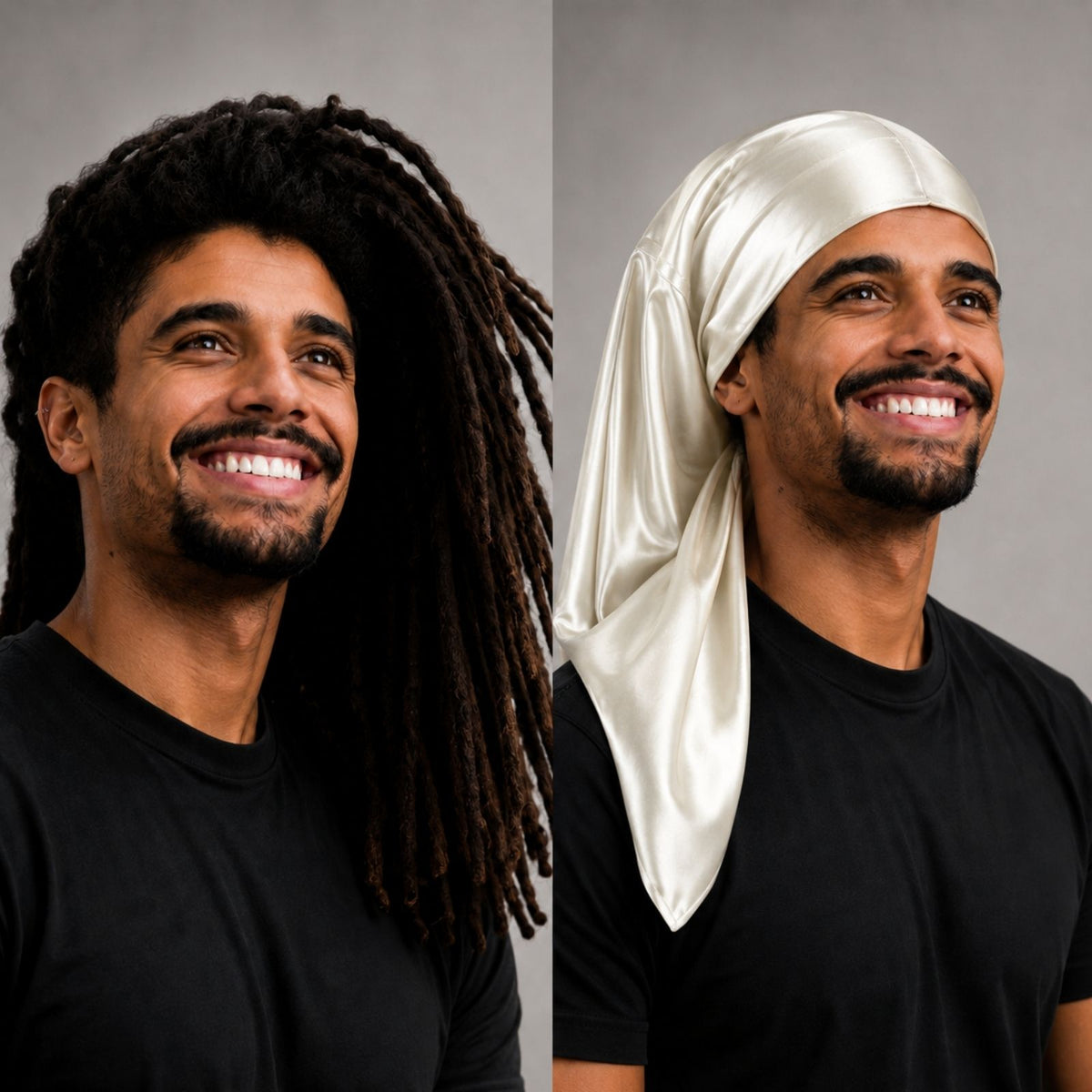 A man in a black shirt smiles, with long hair styled in dreadlocks on the left and a silk sleep bonnet for hair protection on the right.