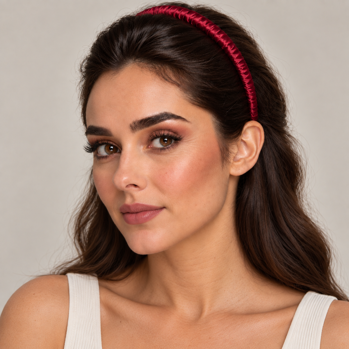 Woman with long brown hair wears a red Mulberry silk headband and a white tank top, looking at the camera.