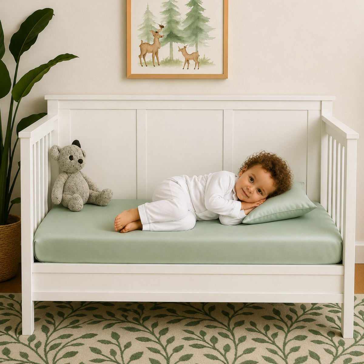A young child in white pajamas lies on a green mulberry silk crib sheet with a pillow, next to a stuffed bear and plant.
