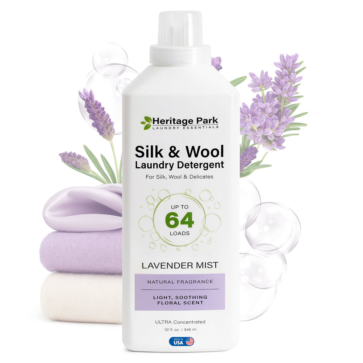 32oz bottle of Lavender Mist scent Heritage Park Luxury for Silk and Wool Laundry Detergent with flowers in background