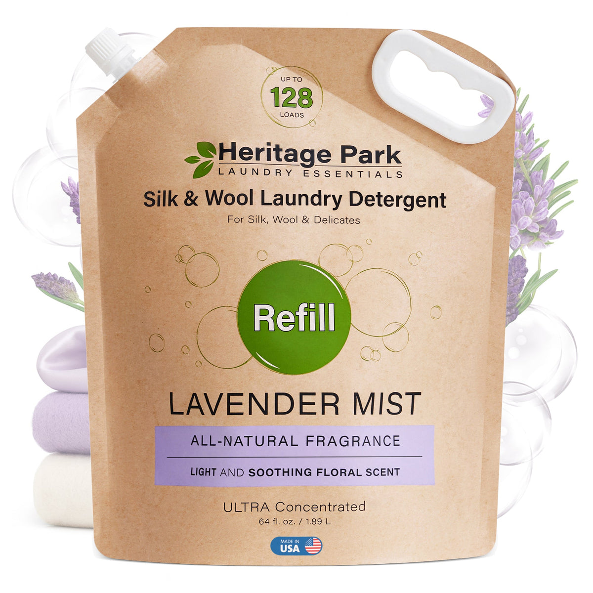 Refill pack of Lavender Mist scent Heritage Park Luxury for Silk and Wool Laundry Detergent with flowers in background