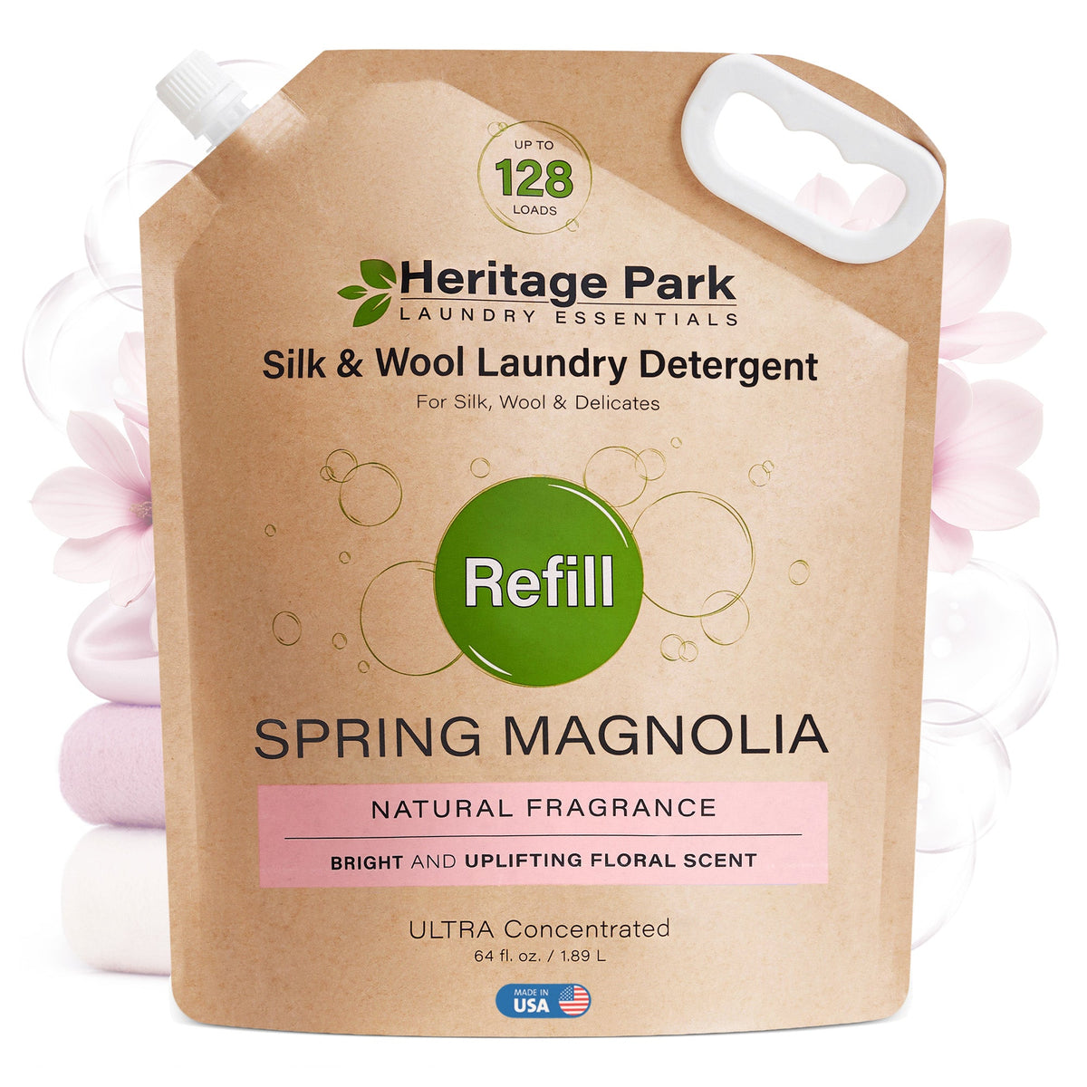 Refill pack of Spring Magnolia scent Heritage Park Luxury for Silk and Wool Laundry Detergent with flowers in background