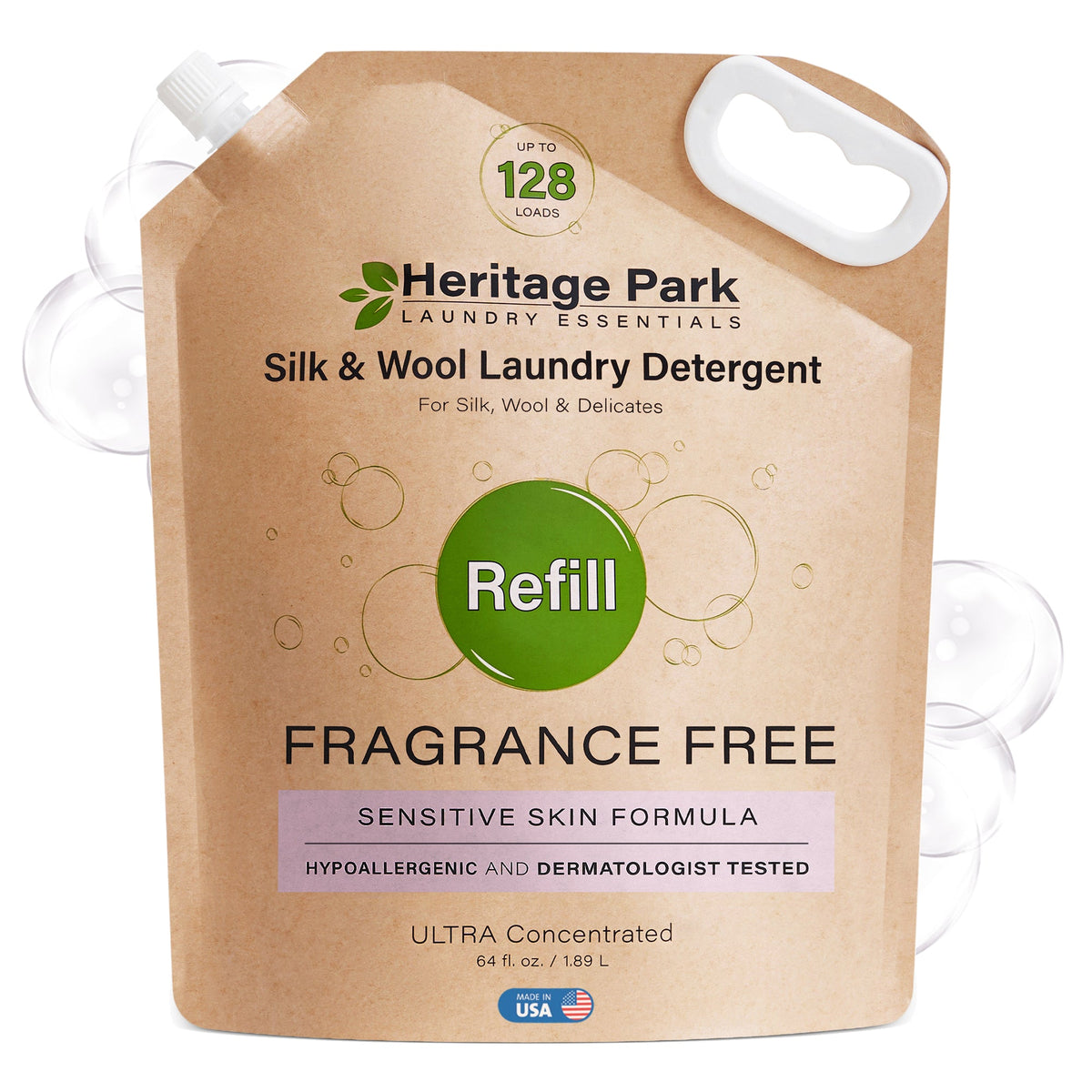 Refill pack of Fragrance Free Heritage Park Luxury for Silk and Wool Laundry Detergent with bubbles in background