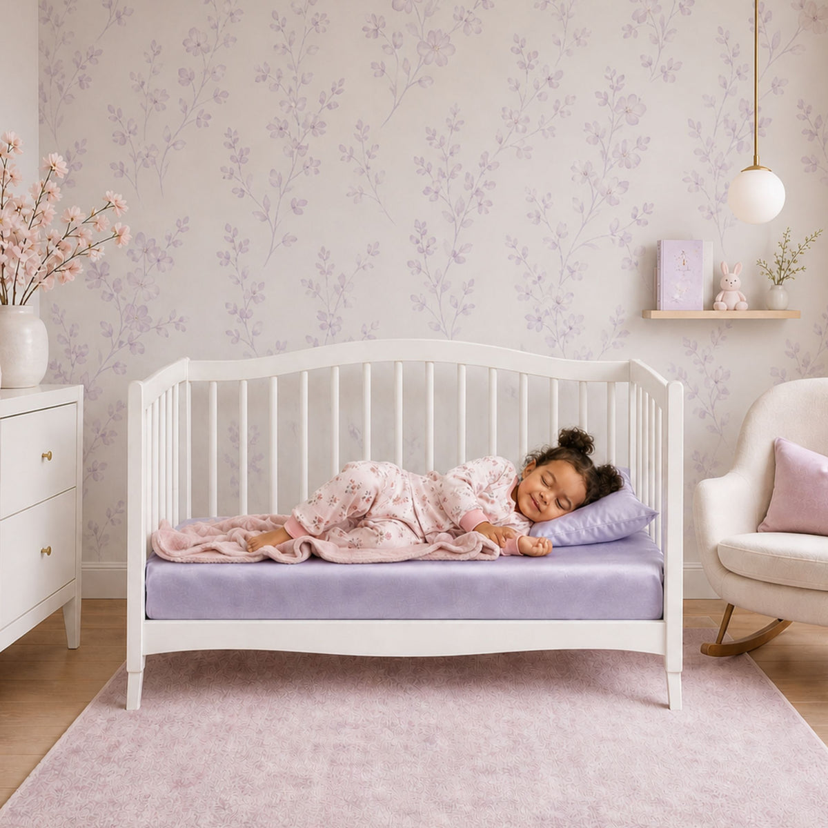 A toddler naps on a Mulberry silk crib sheet in a white crib, surrounded by pastel florals and soft lavender accents.