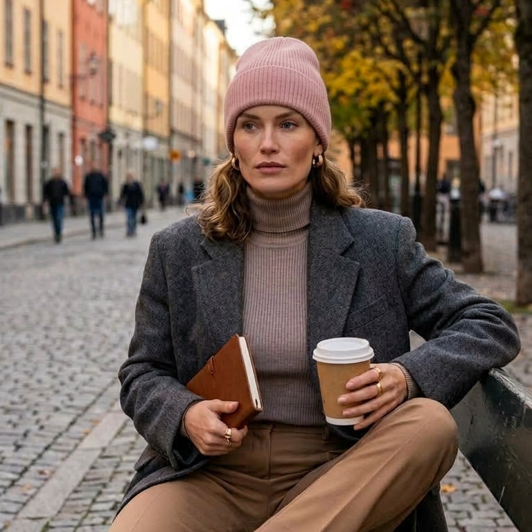 model sits confidently on city bench wearing heather pink silk lined cashmere and merino wool beanie