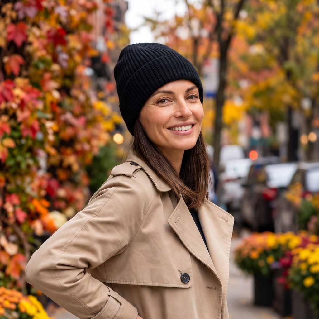 model wears silk lined cashmere and wool beanie on city street