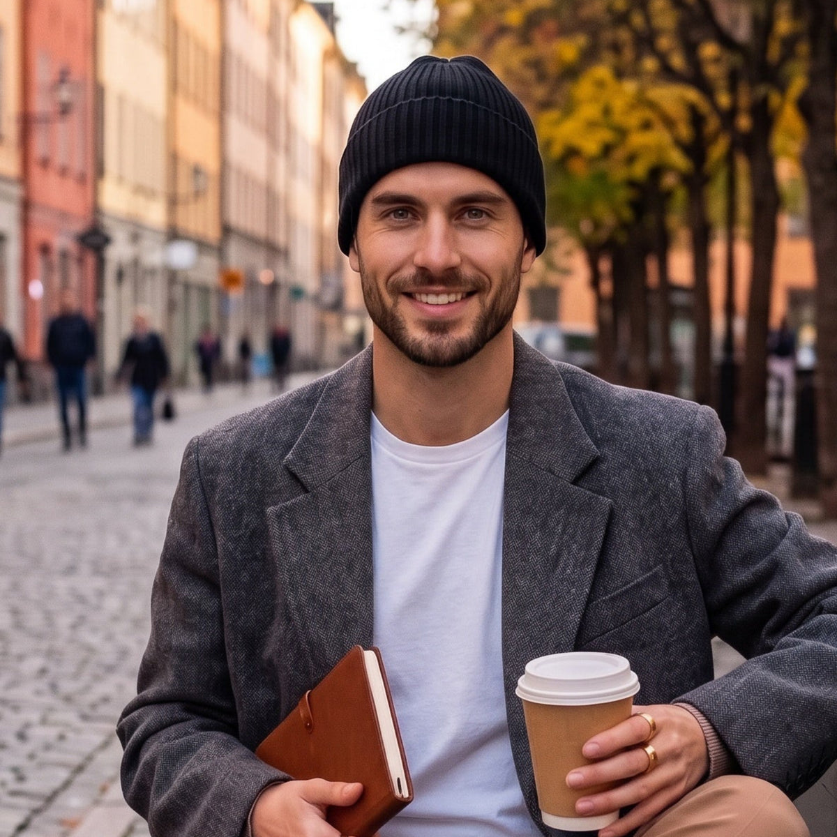 man wearing silk-lined wool beanie in black