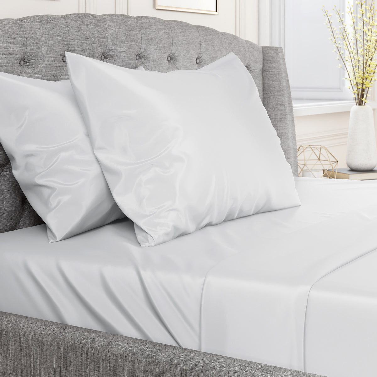 Bed made with White Silk Sheets by Mulberry Park SilksMulberry Park Silks Products 22 Momme Silk Sheet Set White Bed- Side