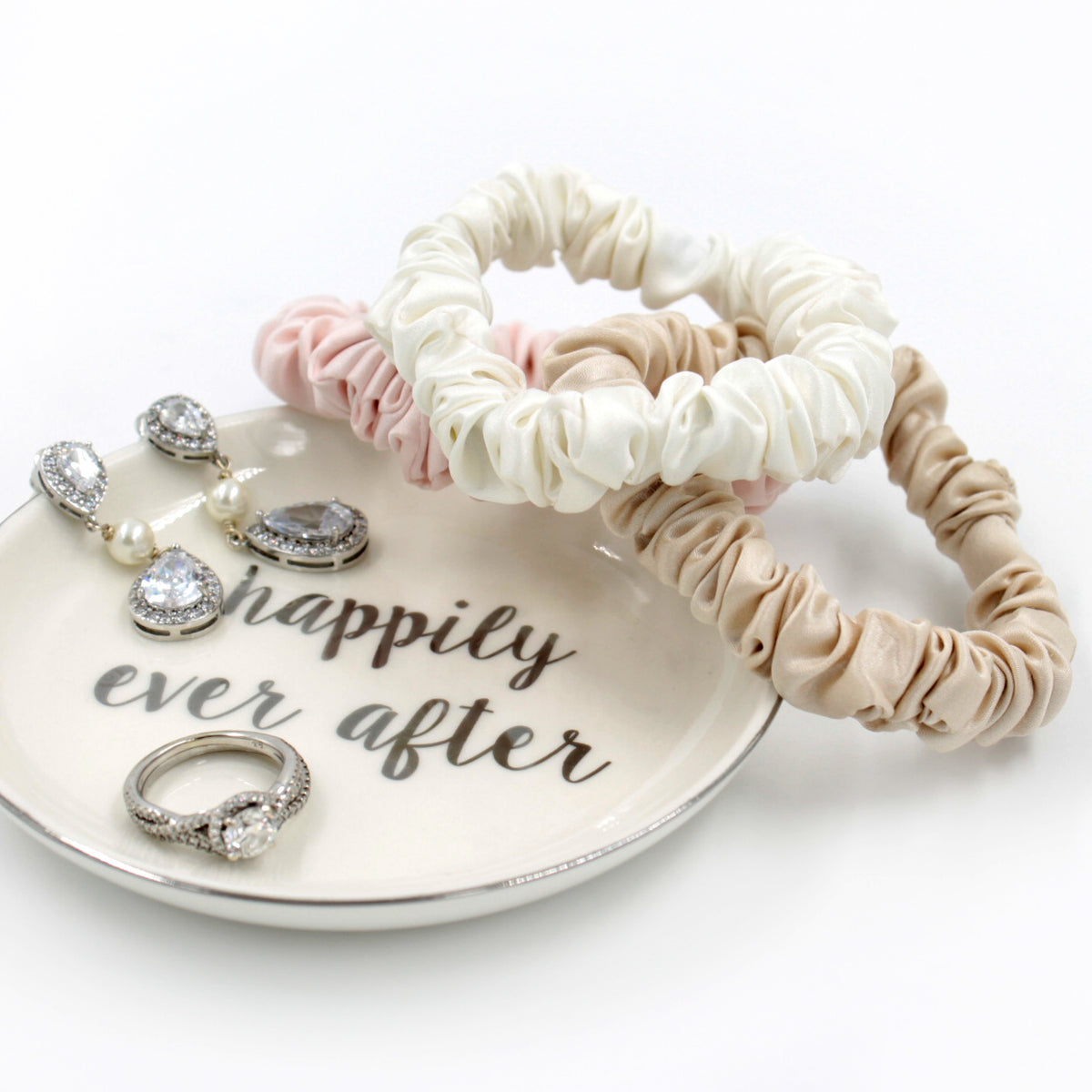 Mulberry Park Silks Doorbuster: Small Scrunchie Set - Ivory, Pink, Sand Skinny with Jewerly