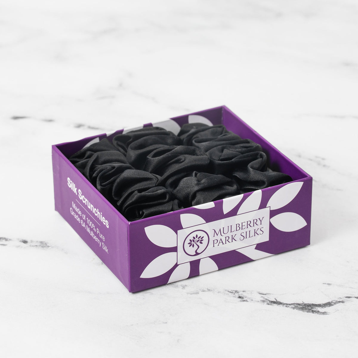 Mulberry Park Silks Silk Scrunchies - Midnight Black - Pure Mulberry Silk Large in Box on Marble