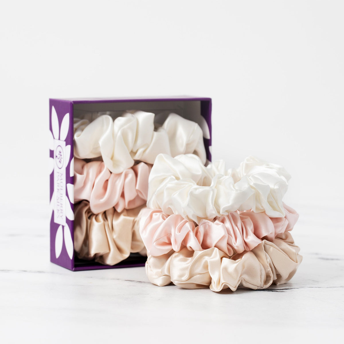 Mulberry Park Silks Scrunchies Ivory Pink Sand Large Stack in Giftbox