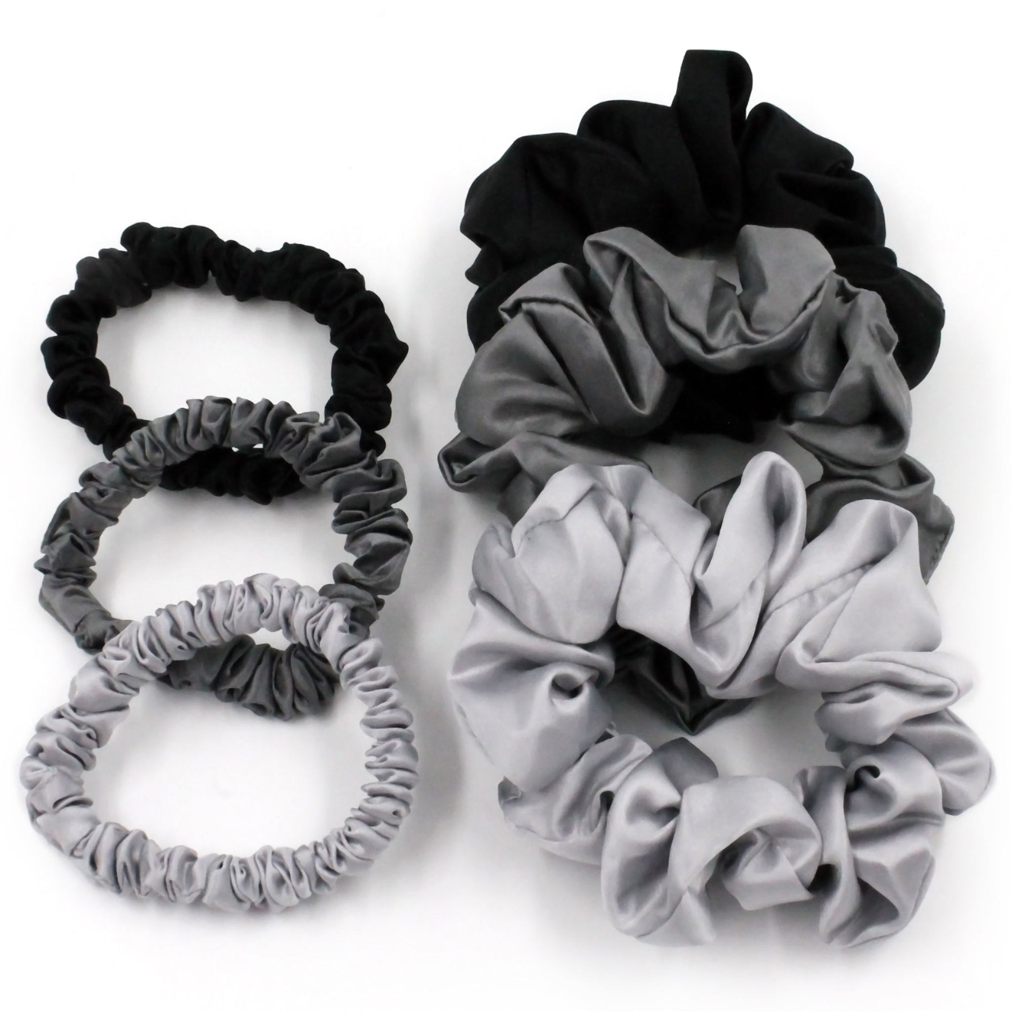 Mulberry Park Silks Silk Scrunchies - Midnight Black, Shimmery Silver, and Gunmetal Grey Top