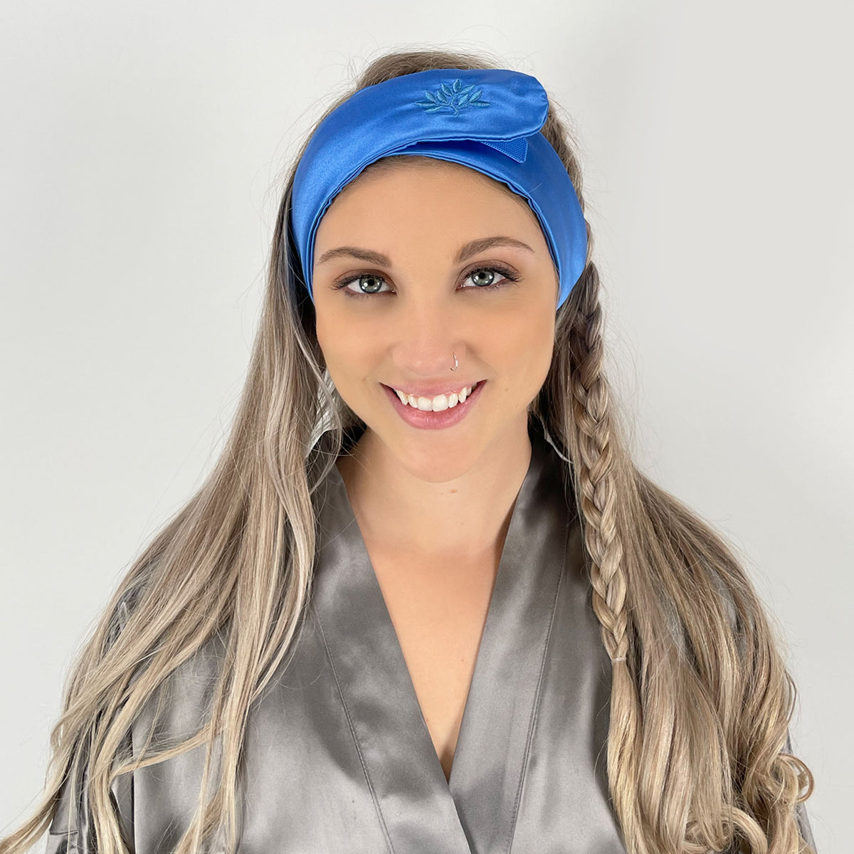 Woman wearing a Sapphire Silk Glam Band from Mulberry Park Silks