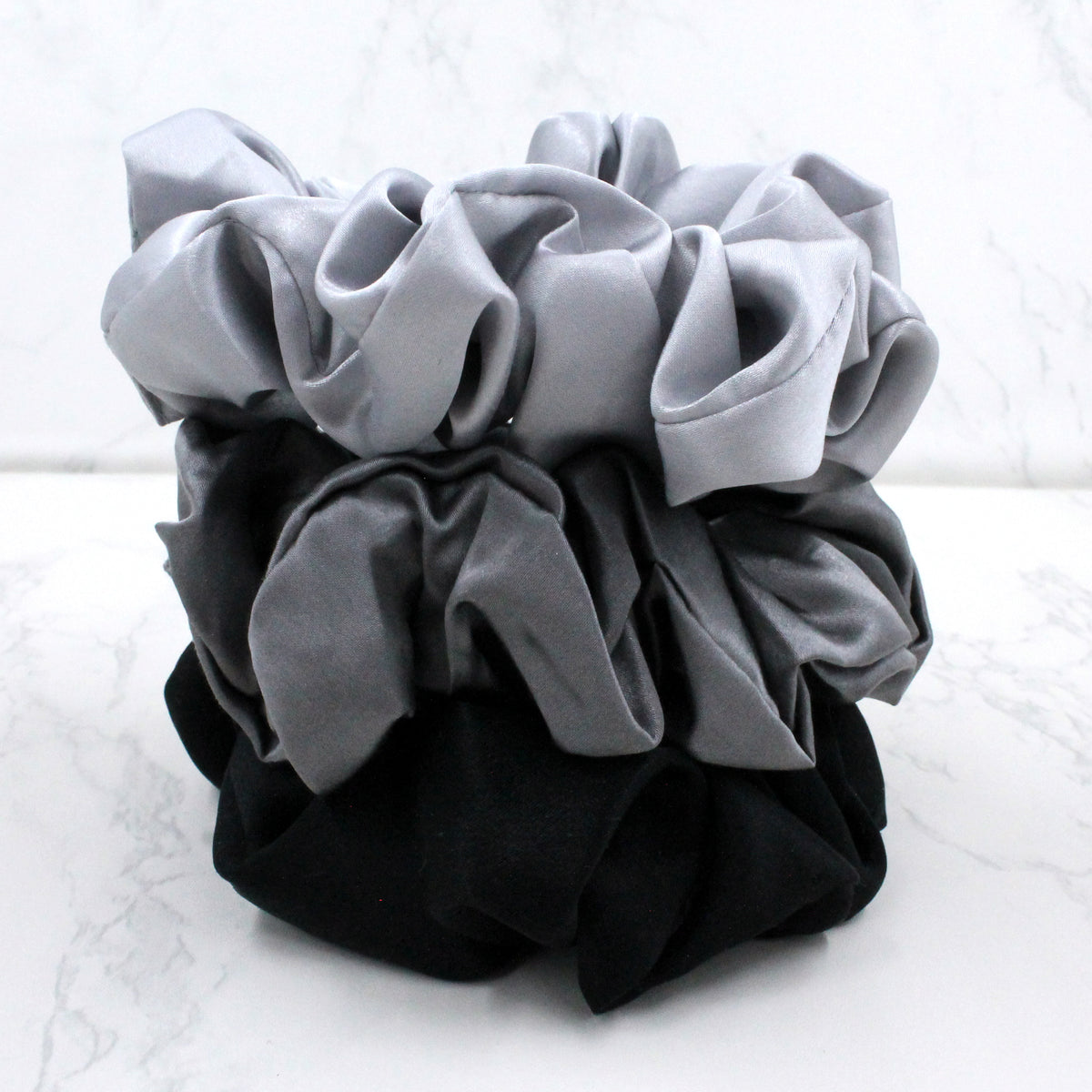 Mulberry Park Silks Silk Scrunchies - Midnight Black, Shimmery Silver, and Gunmetal Grey Large Stack