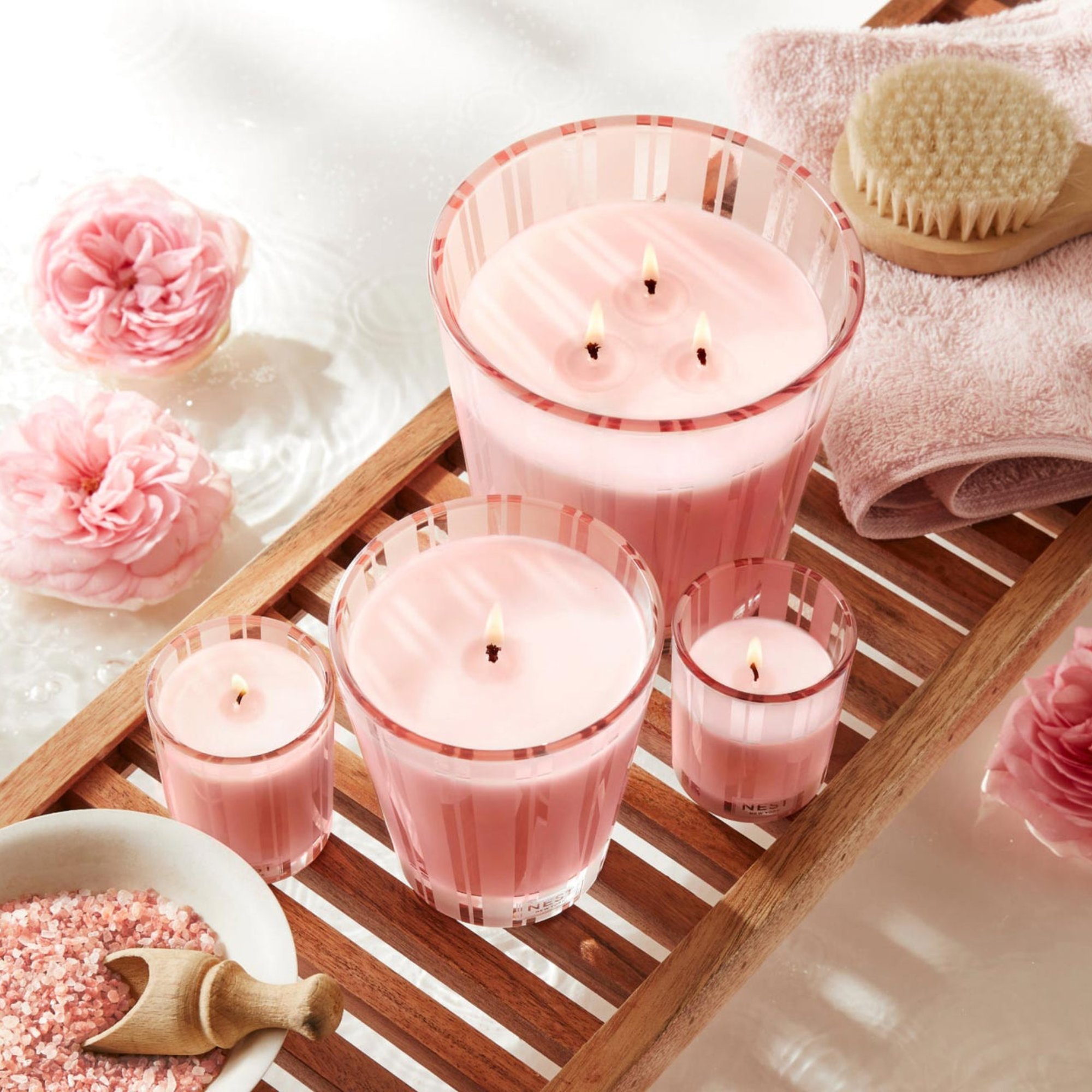 Lifestyle Photo of Nest New York Himalayan Salt & Rosewater Classic and 3-Wick Candles