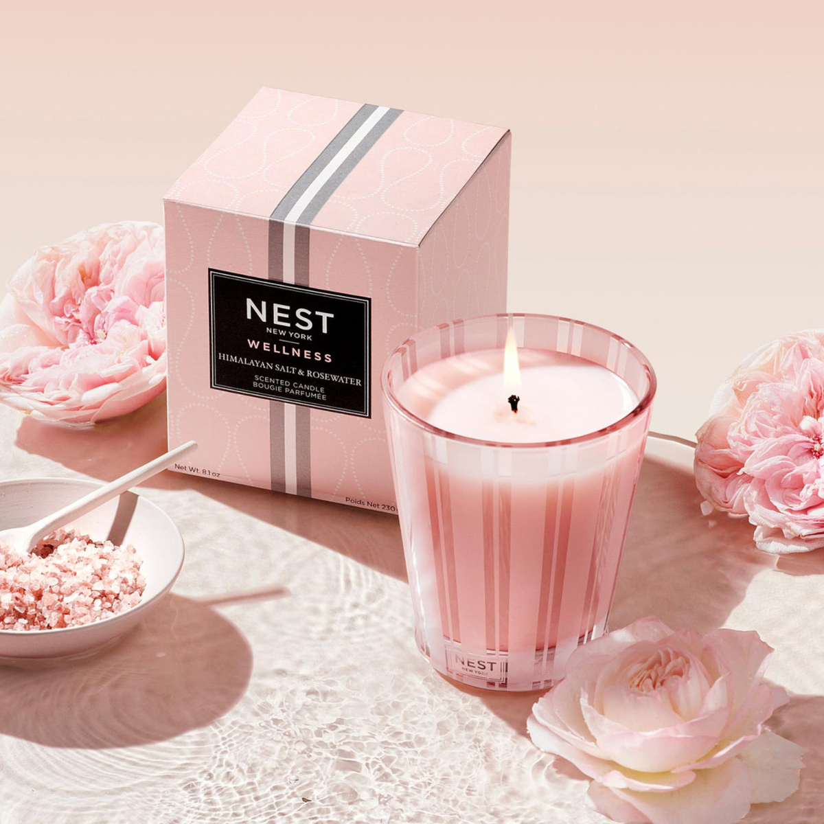 Topview Lifestyle Photo of Nest New York Himalayan Salt &amp; Rosewater Classic Candle with Box
