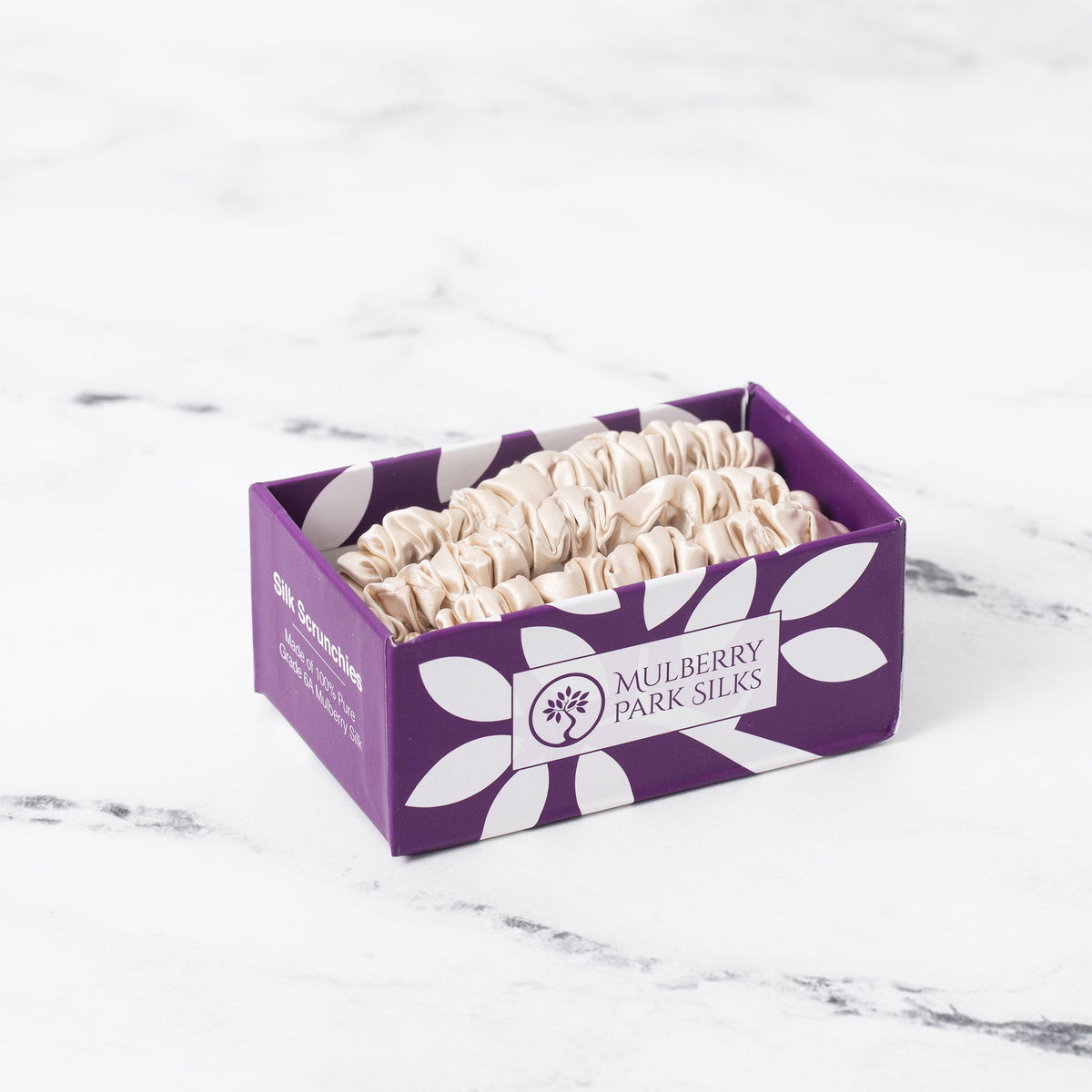 Mulberry Park Silks Silk Scrunchies - Desert Sand - Pure Mulberry Silk Skinny in Box on Marble