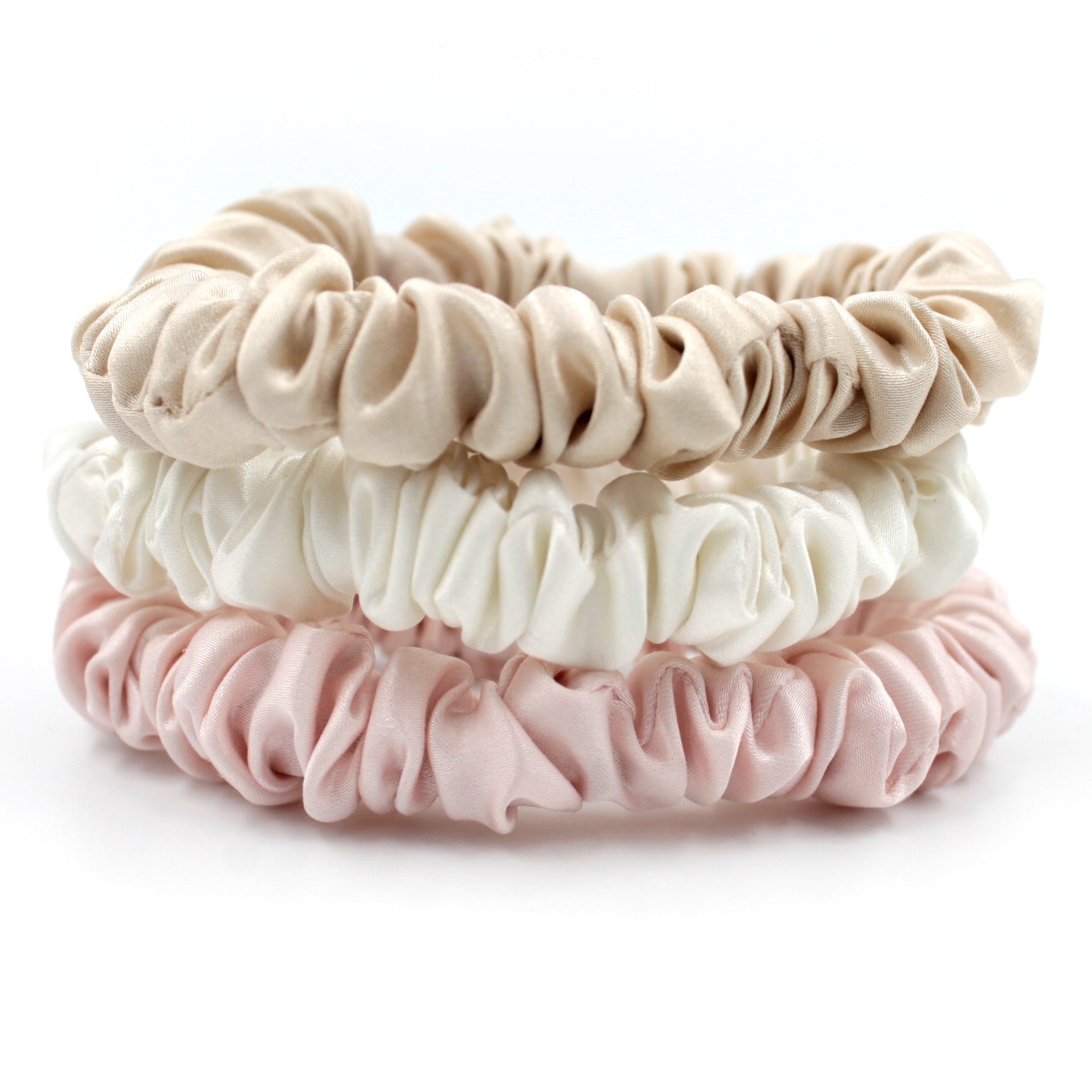 Mulberry Park Silks Doorbuster: Small Scrunchie Set - Ivory, Pink, Sand Skinny Stack